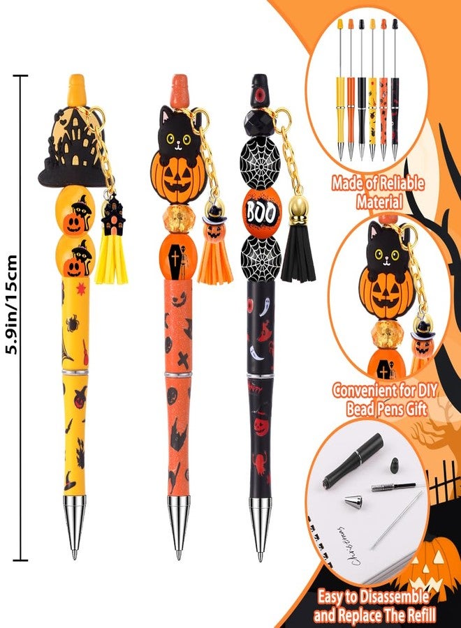 Vellibring 12 Set Halloween Beadable Pens Pumpkin Bead Pens Fall Bulk Ballpoint DIY Crafting Pens Making Kit with Sticker Pendants Lobster Clasps for Students Teens School Office Supplies - Image 3