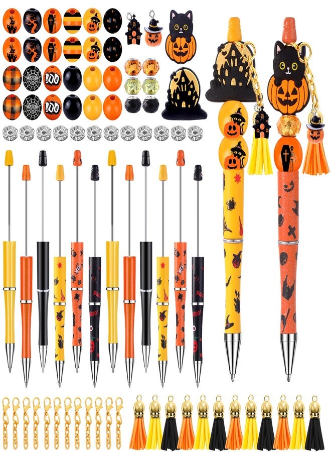 Vellibring 12 Set Halloween Beadable Pens Pumpkin Bead Pens Fall Bulk Ballpoint DIY Crafting Pens Making Kit with Sticker Pendants Lobster Clasps for Students Teens School Office Supplies - Image 1