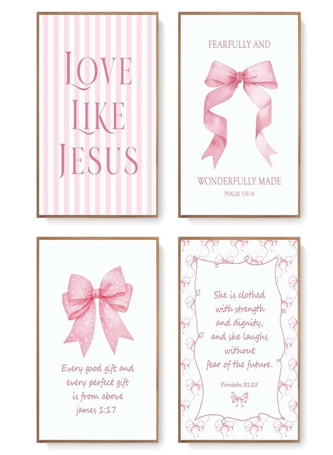 LARTSFRO Coquette Pink Bow Jesus Wall Art Decor Posters, Light Pink Bow Christian Room Bedroom Bathroom Dorm Wall Art Decor Aesthetic for College Teen Girls Gifts, Inspirational Bible Verses Bow Wall - Image 1