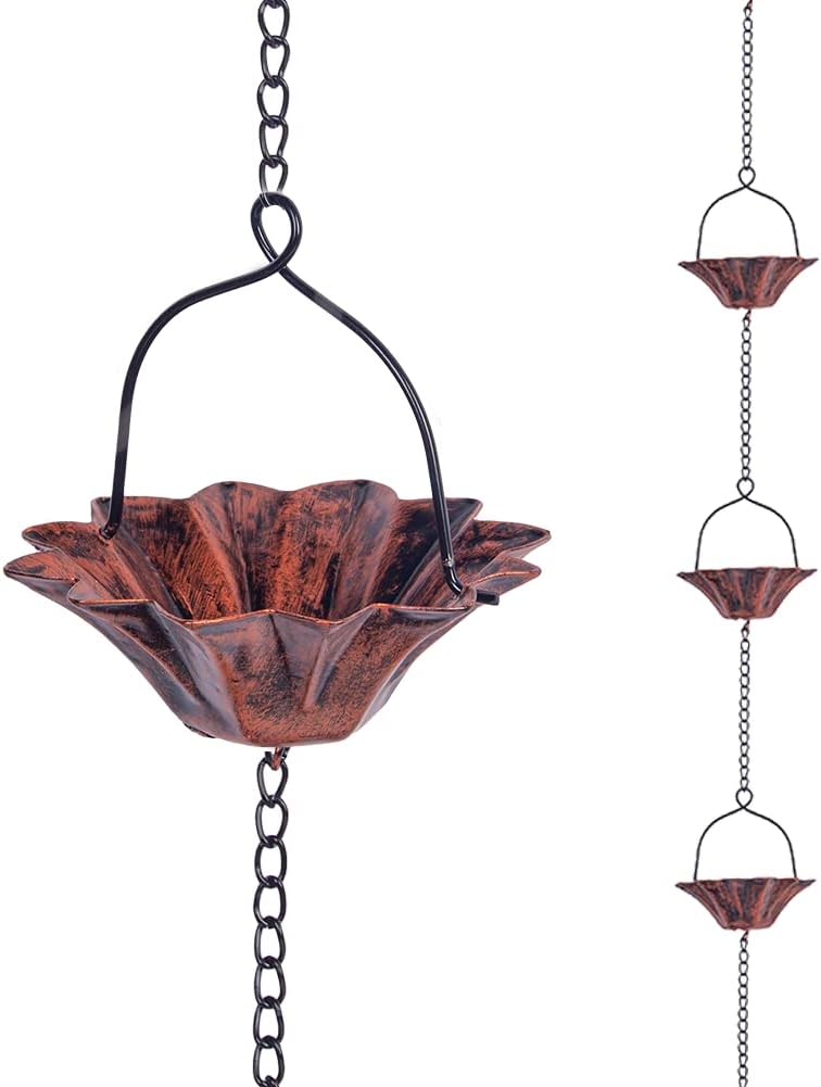 Qipade Store 10FT Lotus Rain Chain, Rain Chains for Gutters with 12 Cups, Adjustable Rain Catcher Chain with Bell for Eaves Drainage, Replacement for Downspout - Image 1
