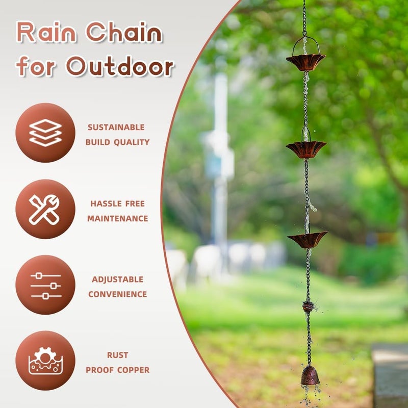 Qipade Store 10FT Lotus Rain Chain, Rain Chains for Gutters with 12 Cups, Adjustable Rain Catcher Chain with Bell for Eaves Drainage, Replacement for Downspout - Image 3