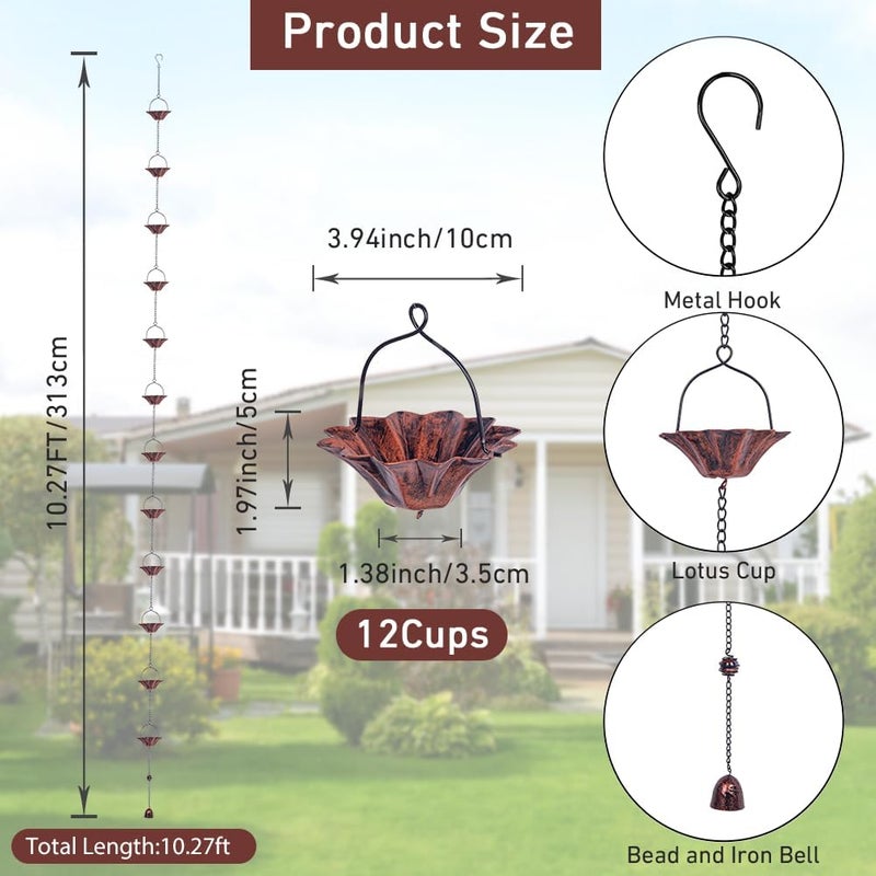 Qipade Store 10FT Lotus Rain Chain, Rain Chains for Gutters with 12 Cups, Adjustable Rain Catcher Chain with Bell for Eaves Drainage, Replacement for Downspout - Image 2