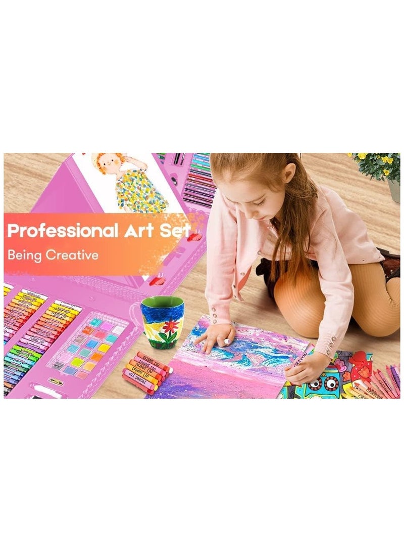 Professional Art Set, 208 Pieces Color Drawing Kit, Foldable Portable Art Box with Double Facet Easel, Including Colored Pencils, Markers, Cakes, Scratches (Pink) - Image 2