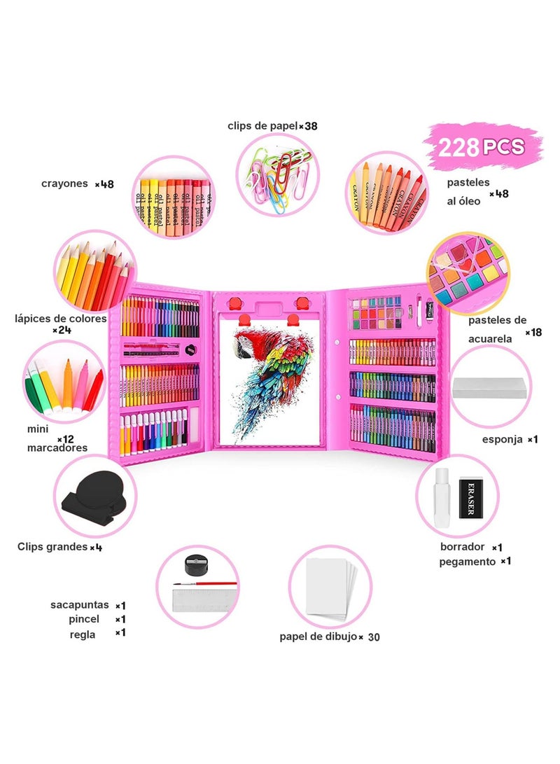 Professional Art Set, 208 Pieces Color Drawing Kit, Foldable Portable Art Box with Double Facet Easel, Including Colored Pencils, Markers, Cakes, Scratches (Pink) - Image 3