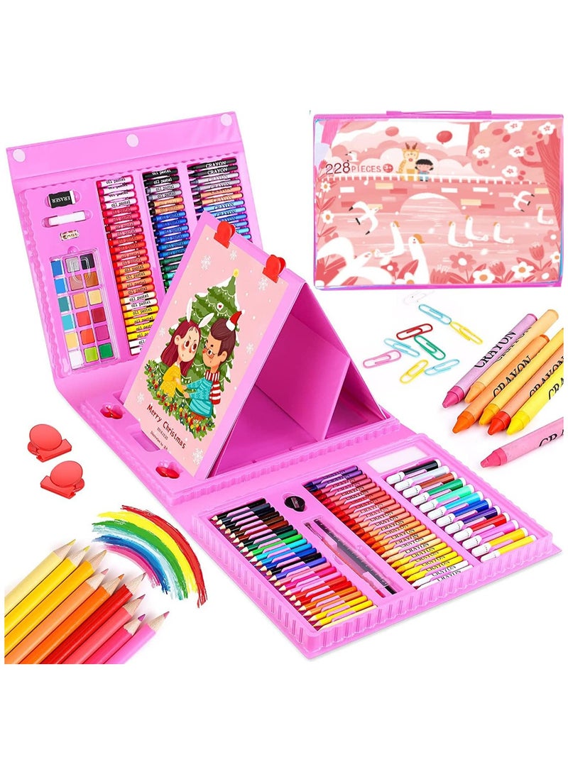 Professional Art Set, 208 Pieces Color Drawing Kit, Foldable Portable Art Box with Double Facet Easel, Including Colored Pencils, Markers, Cakes, Scratches (Pink) - Image 1