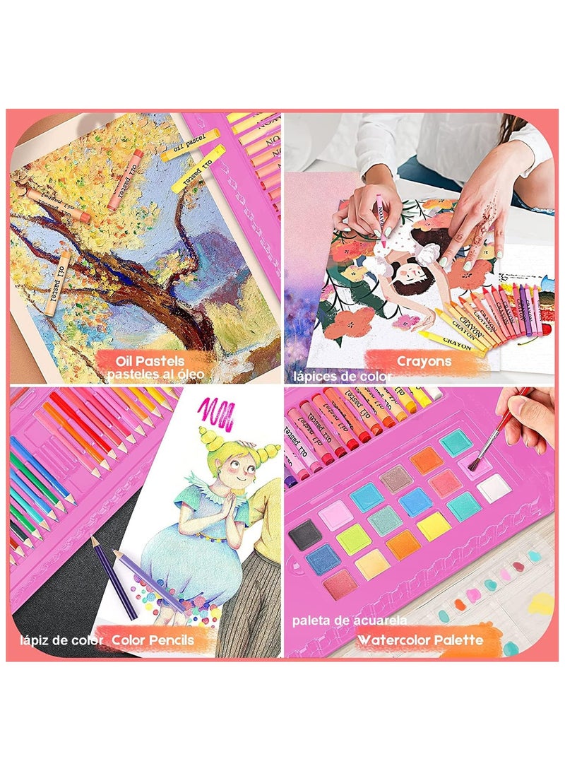 Professional Art Set, 208 Pieces Color Drawing Kit, Foldable Portable Art Box with Double Facet Easel, Including Colored Pencils, Markers, Cakes, Scratches (Pink) - Image 4