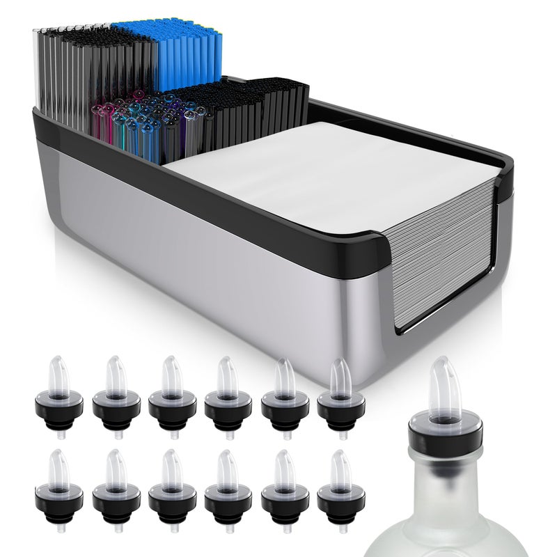 Esatto Professional Bar Products Premium Bar Caddy Chrome Used to Easily Organize Bar Items and Workspace With Additional 12 Pourers For Precision Pouring and 12 Pourer Covers