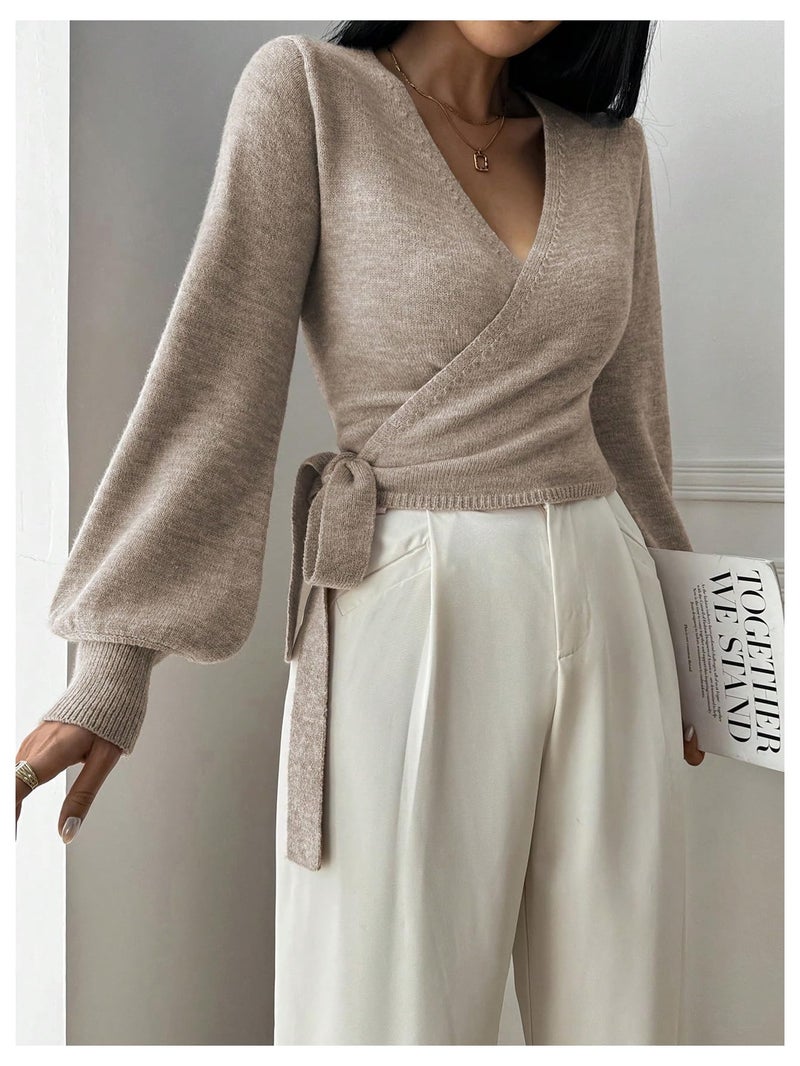 SHENHE Women's Casual V Neck Wrap Sweater Pullover Long Sleeve Slim Fit Knit Crop Top Sweater Khaki Medium - Image 2