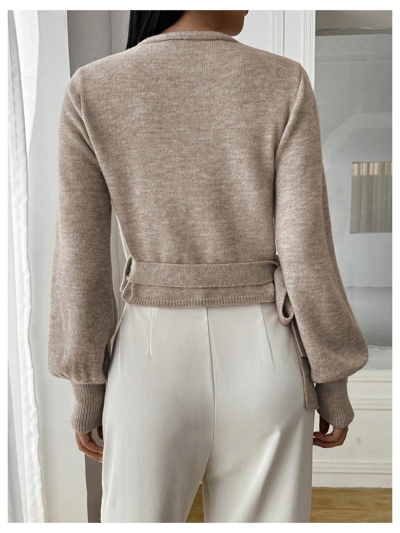SHENHE Women's Casual V Neck Wrap Sweater Pullover Long Sleeve Slim Fit Knit Crop Top Sweater Khaki Medium - Image 3