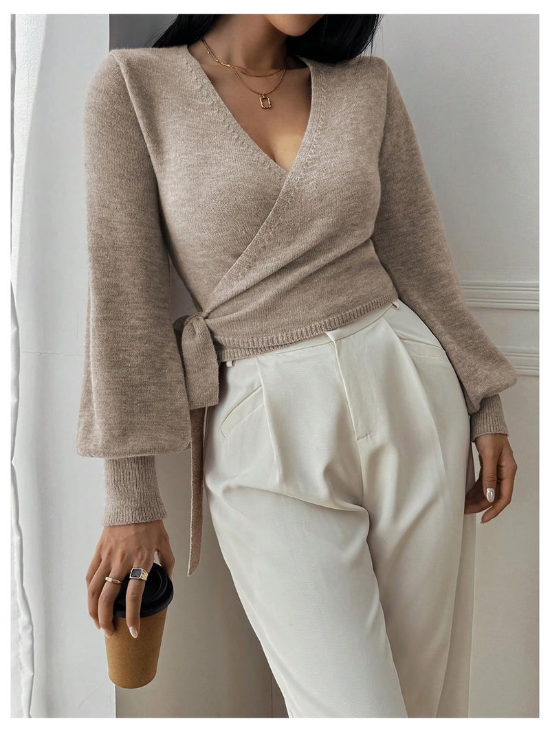 SHENHE Women's Casual V Neck Wrap Sweater Pullover Long Sleeve Slim Fit Knit Crop Top Sweater Khaki Medium - Image 4