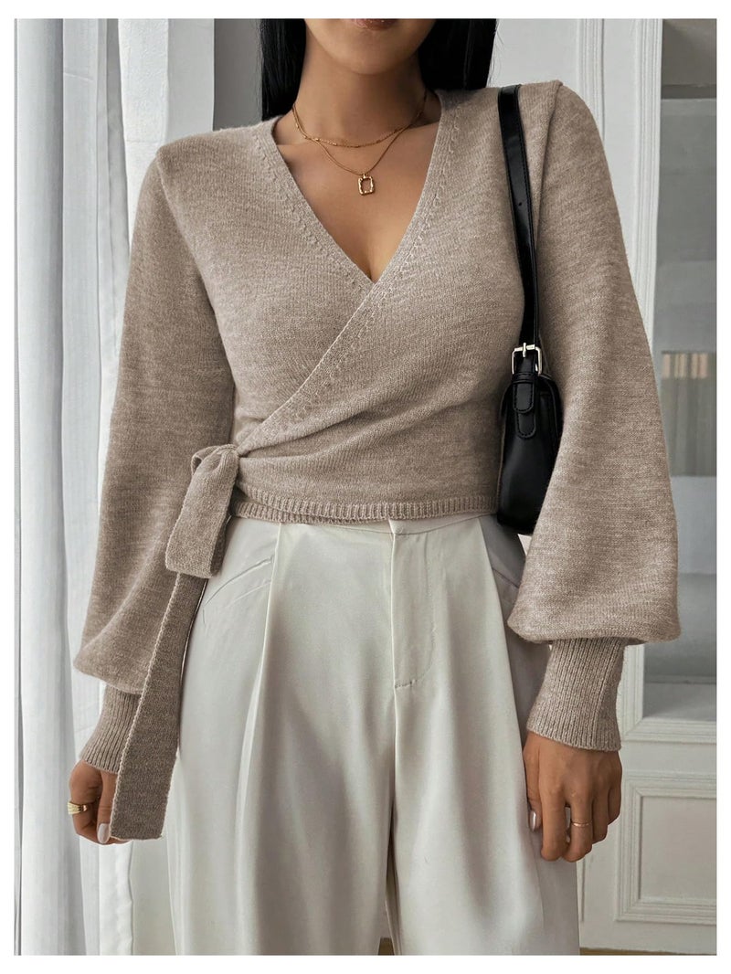 SHENHE Women's Casual V Neck Wrap Sweater Pullover Long Sleeve Slim Fit Knit Crop Top Sweater Khaki Medium - Image 5