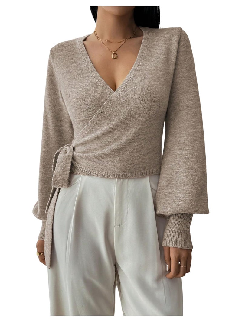 SHENHE Women's Casual V Neck Wrap Sweater Pullover Long Sleeve Slim Fit Knit Crop Top Sweater Khaki Medium - Image 1