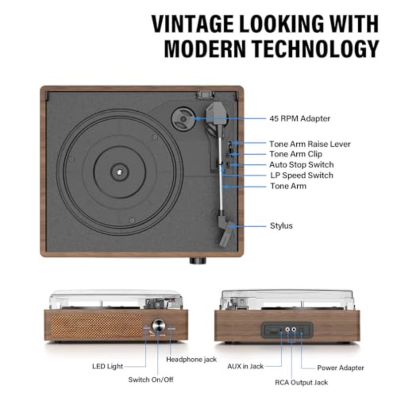 Vinyl Record Player Turntable with Built-in Bluetooth Receiver and 2 Stereo Speakers, 3 Speed 3 Size Portable Retro Record Player for Entertainment and Home Decoration - Image 2