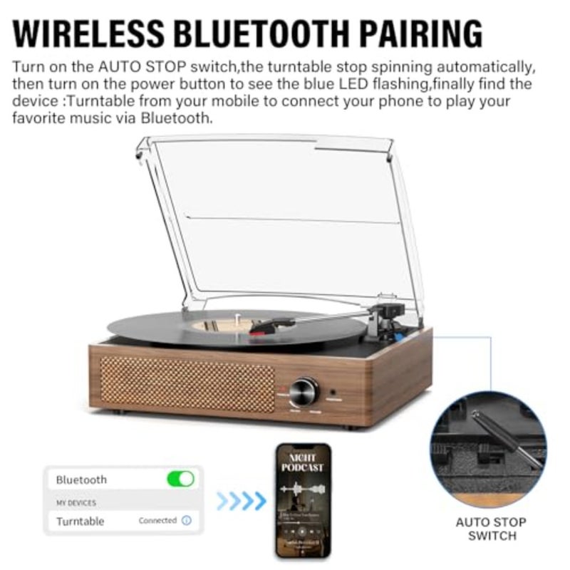 Vinyl Record Player Turntable with Built-in Bluetooth Receiver and 2 Stereo Speakers, 3 Speed 3 Size Portable Retro Record Player for Entertainment and Home Decoration - Image 3