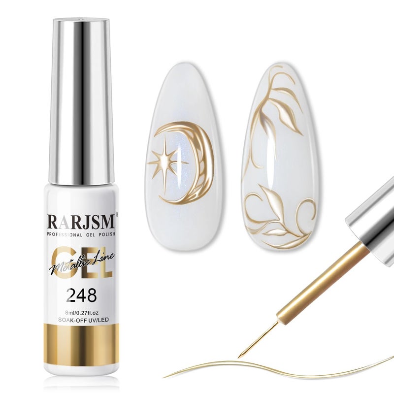 RARJSM Metallic Nail Art Gel Liner Bronze Gold Mirror Chrome 3D Effect Gel Nail Polish 8ml Build in Thin Brush Metal Painted Drawing Striper Painting Gelpolish Soak off Curing Requires for Home Salon - Image 1