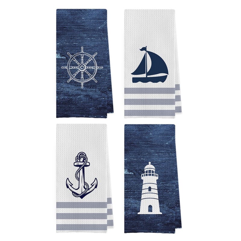 Geqtt Nautical Hand Towel - 100% Waffle Weave Microfiber, Quick Dry, Absorbent, Coastal Bathroom Decor, Set of 4, Navy Blue, Small, Square, 16x24 inches - Image 1