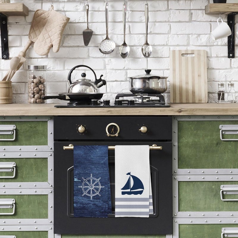 Geqtt Nautical Hand Towel - 100% Waffle Weave Microfiber, Quick Dry, Absorbent, Coastal Bathroom Decor, Set of 4, Navy Blue, Small, Square, 16x24 inches - Image 3