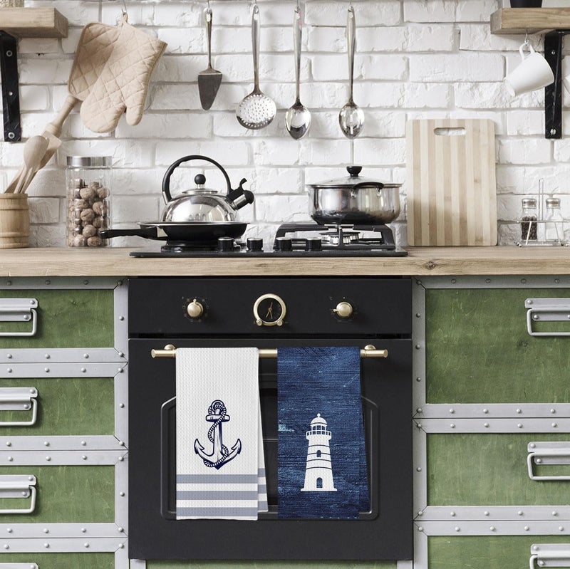 Geqtt Nautical Hand Towel - 100% Waffle Weave Microfiber, Quick Dry, Absorbent, Coastal Bathroom Decor, Set of 4, Navy Blue, Small, Square, 16x24 inches - Image 4