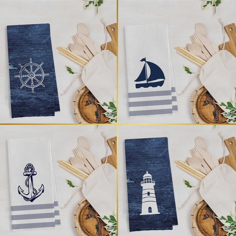 Geqtt Nautical Hand Towel - 100% Waffle Weave Microfiber, Quick Dry, Absorbent, Coastal Bathroom Decor, Set of 4, Navy Blue, Small, Square, 16x24 inches - Image 2