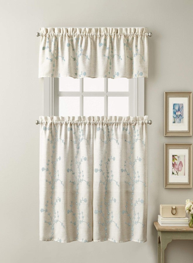 CHF Lynette Floral Embroidered Window Kitchen Curtain Tier Pair, Rod Pocket, 28W x 36L inch, Aqua - Image 4