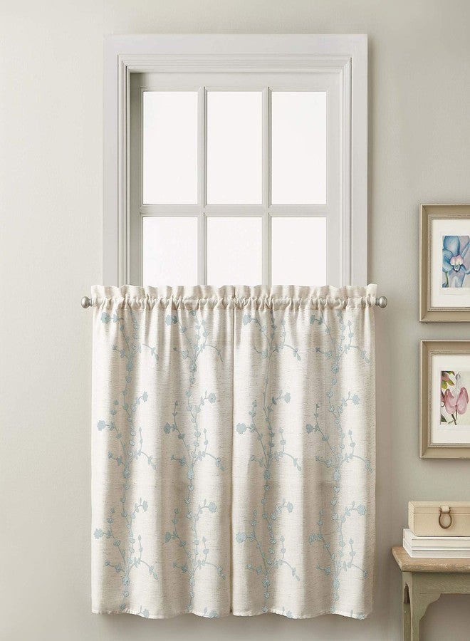 CHF Lynette Floral Embroidered Window Kitchen Curtain Tier Pair, Rod Pocket, 28W x 36L inch, Aqua - Image 1