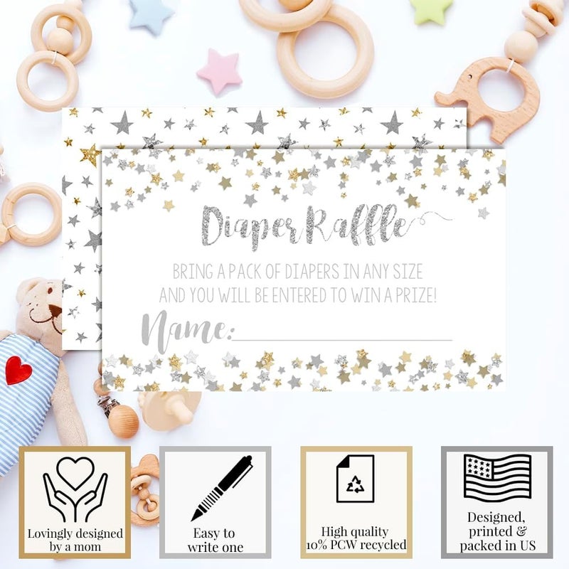 Amanda Creation Gold  Silver Twinkle Little Star Gender Neutral Diaper Raffle Tickets for Baby Showers 20 2 X 3 Double Sided Inserts Bring a Pack of Diapers to Win Favors  Prize - Image 2