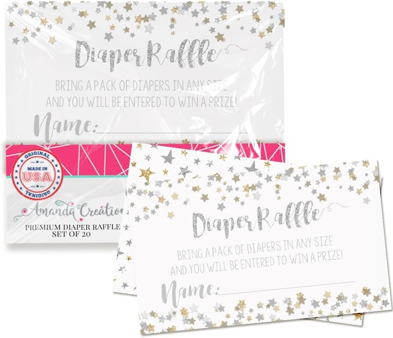 Amanda Creation Gold  Silver Twinkle Little Star Gender Neutral Diaper Raffle Tickets for Baby Showers 20 2 X 3 Double Sided Inserts Bring a Pack of Diapers to Win Favors  Prize - Image 1