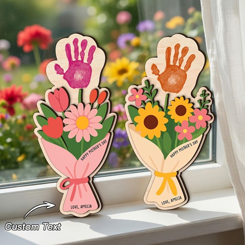 Yellow Bouquet Personalized Wooden Figurine Mother Day Handprint Flower Decoration Nameplate Gift - Image 1