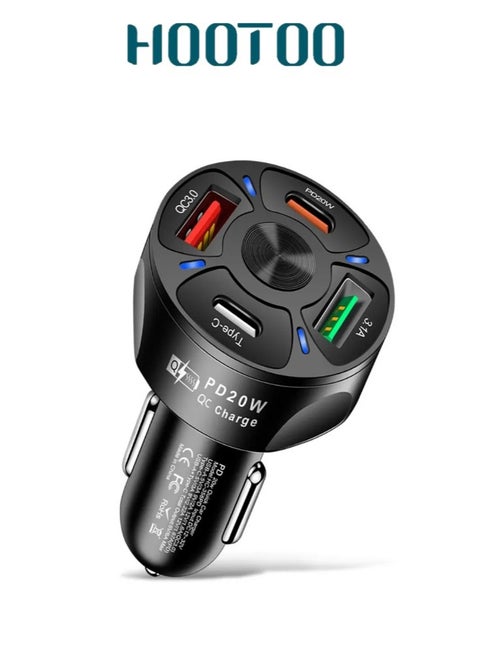 High-Speed 68W Car Charger from HOOTOO – Sleek and compact design with 4 smart charging ports (PD 20W, Type-C 18W, QC3.0, USB 3.1A), supports fast charging for phones and tablets simultaneously, perfect for travel and daily use, equipped with built-in safety systems to protect devices from overcurrent and heat, compatible with most smart devices, Model MX010.