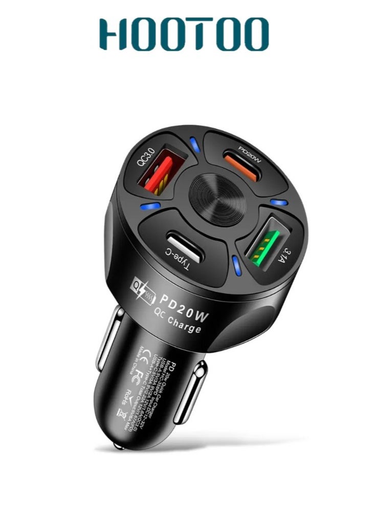 HooToo - High-Speed 68W Car Charger from HOOTOO – Sleek and compact design with 4 smart charging ports (PD 20W, Type-C 18W, QC3.0, USB 3.1A), supports fast charging for phones and tablets simultaneously, perfect for travel and daily use, equipped with built-in safety systems to protect devices from overcurrent and heat, compatible with most smart devices, Model MX010. - Image 1