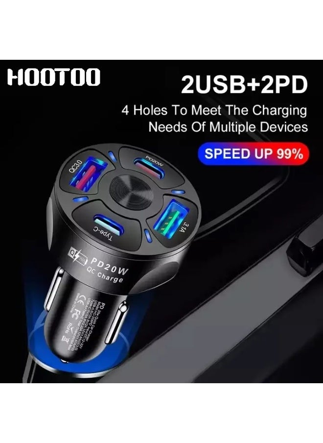 HooToo - High-Speed 68W Car Charger from HOOTOO – Sleek and compact design with 4 smart charging ports (PD 20W, Type-C 18W, QC3.0, USB 3.1A), supports fast charging for phones and tablets simultaneously, perfect for travel and daily use, equipped with built-in safety systems to protect devices from overcurrent and heat, compatible with most smart devices, Model MX010. - Image 1
