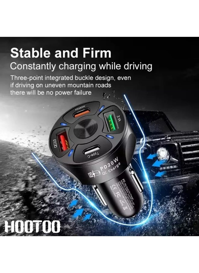 HooToo - High-Speed 68W Car Charger from HOOTOO – Sleek and compact design with 4 smart charging ports (PD 20W, Type-C 18W, QC3.0, USB 3.1A), supports fast charging for phones and tablets simultaneously, perfect for travel and daily use, equipped with built-in safety systems to protect devices from overcurrent and heat, compatible with most smart devices, Model MX010. - Image 1