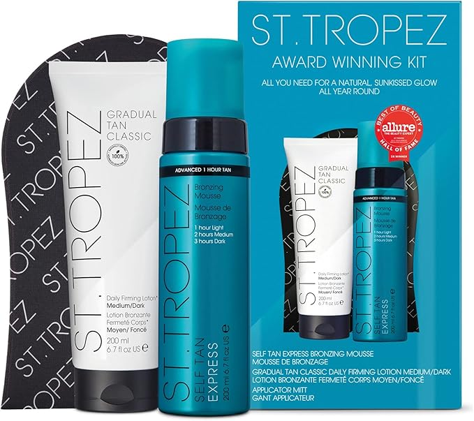 ST.TROPEZ St Tropez Express Bronzing Mousse 200 ml Gradual Tan Firming Body Lotion 200 ml Kit Award Winning Vegan Fake Tan Skincare with Applicator Mitt - Image 1