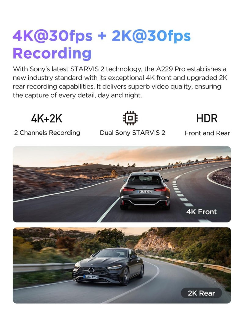 VIOFO A229 Pro 4K HDR Dash Cam, Dual STARVIS 2 IMX678 IMX675, 4K+2K Front and Rear Car Camera, 2 Channel with HDR, Voice Control, 5GHz GPS, Night Vision 2.0, Support 512GB Max - Image 2