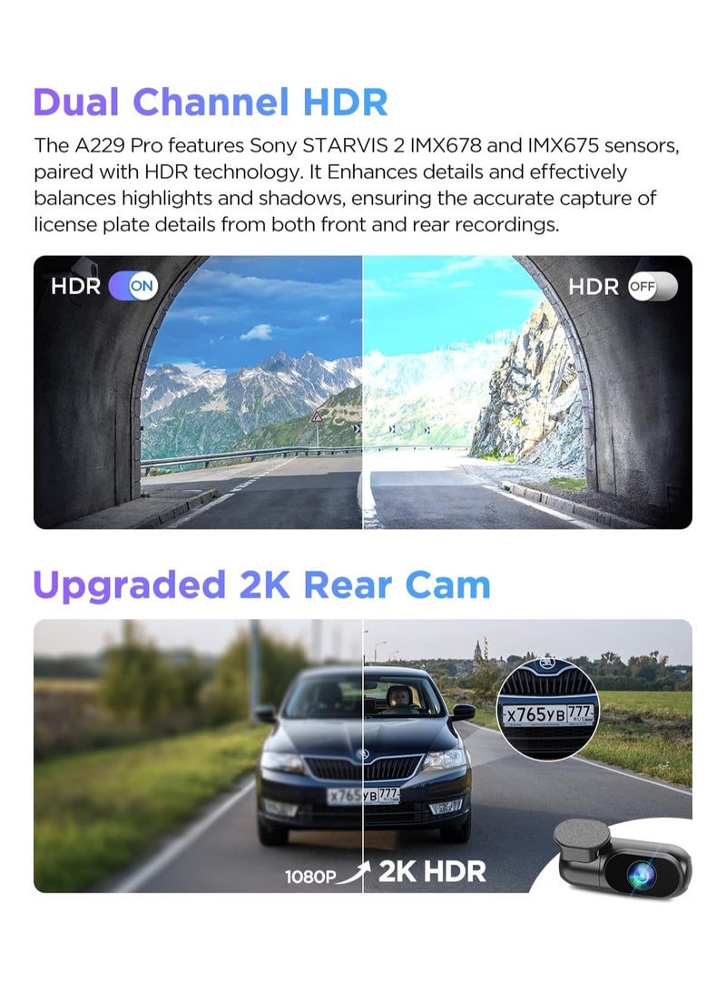 VIOFO A229 Pro 4K HDR Dash Cam, Dual STARVIS 2 IMX678 IMX675, 4K+2K Front and Rear Car Camera, 2 Channel with HDR, Voice Control, 5GHz GPS, Night Vision 2.0, Support 512GB Max - Image 4