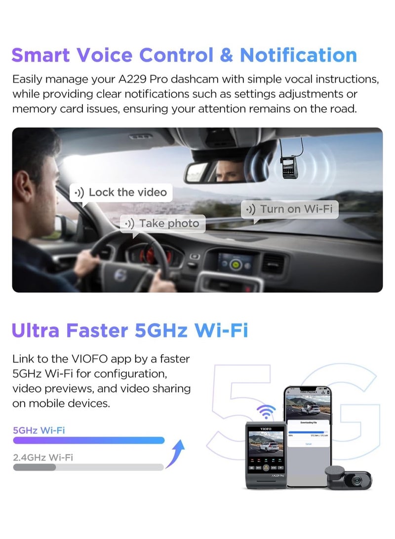 VIOFO A229 Pro 4K HDR Dash Cam, Dual STARVIS 2 IMX678 IMX675, 4K+2K Front and Rear Car Camera, 2 Channel with HDR, Voice Control, 5GHz GPS, Night Vision 2.0, Support 512GB Max - Image 5