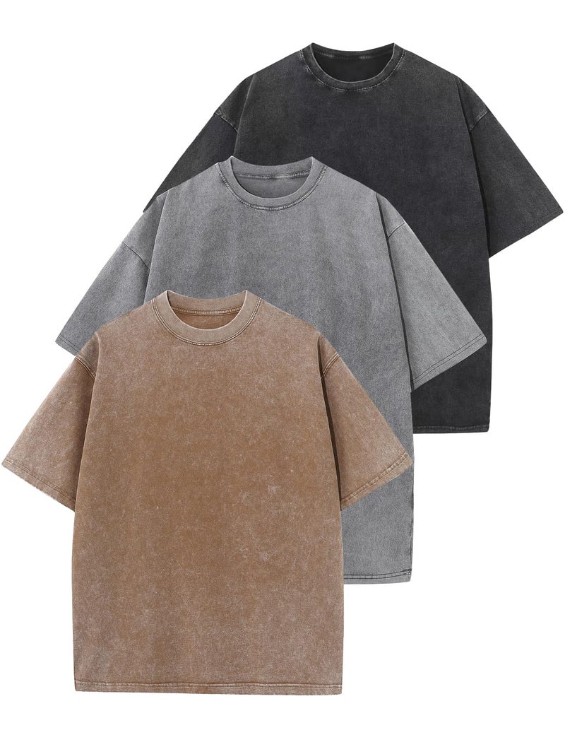 Arssm 3 Pack Men Oversized T Shirts Vintage Tee Loose Fit Short Sleeve Casual Streetwear Baggy Washed Unisex Tops(BlackGreyKhaki-L) - Image 1