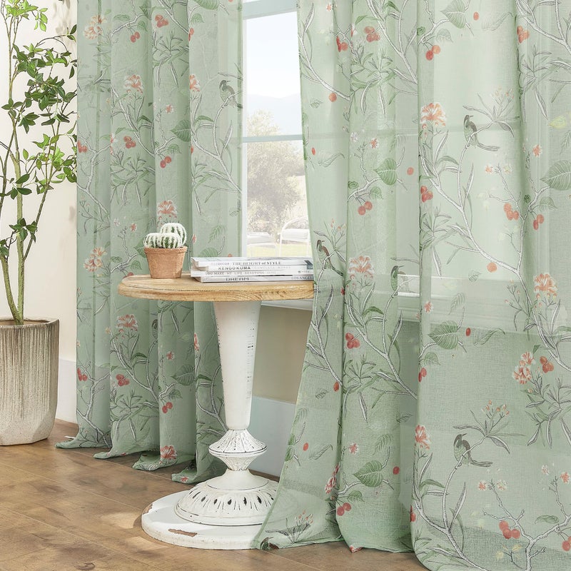 XTMYI Sage Green Curtains for Living Room 84 Inches Long 2 Panels Set Leaf Spring Printed Pattern Floral Bird Window Curtain Panels for Bedroom AestheticLight Green