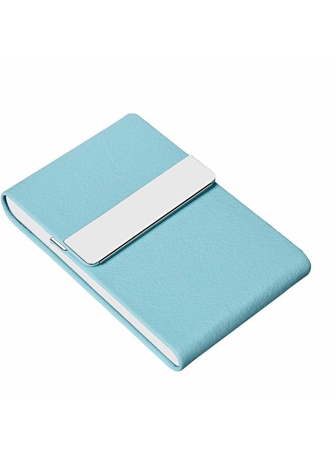 JuneLsy Professional Business Card Holder Case PU Leather Metal Name Card Holder Pocket Business Card Carrier for Men & Women with Magnetic Shut (Light Blue-y) - Image 3