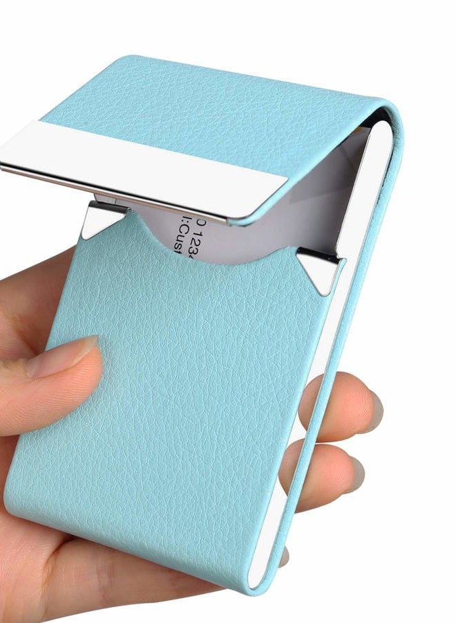 JuneLsy Professional Business Card Holder Case PU Leather Metal Name Card Holder Pocket Business Card Carrier for Men & Women with Magnetic Shut (Light Blue-y) - Image 1