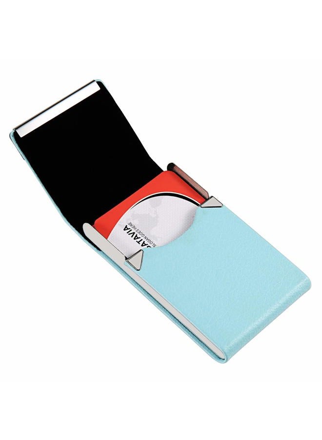 JuneLsy Professional Business Card Holder Case PU Leather Metal Name Card Holder Pocket Business Card Carrier for Men & Women with Magnetic Shut (Light Blue-y) - Image 4