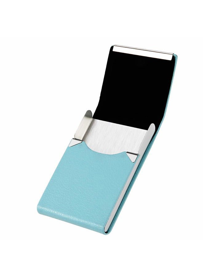 JuneLsy Professional Business Card Holder Case PU Leather Metal Name Card Holder Pocket Business Card Carrier for Men & Women with Magnetic Shut (Light Blue-y) - Image 2