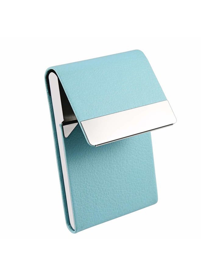 JuneLsy Professional Business Card Holder Case PU Leather Metal Name Card Holder Pocket Business Card Carrier for Men & Women with Magnetic Shut (Light Blue-y) - Image 5