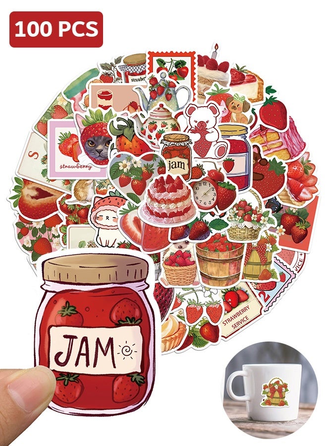 MXN 100 Pcs Strawberry Stickers, Waterproof Sticker Decorations, for Water Bottles Laptop Phone Helmet Scrapbooks Guitar Cup Gifts Birthday Teens Adults Girls Boys  - Image 1
