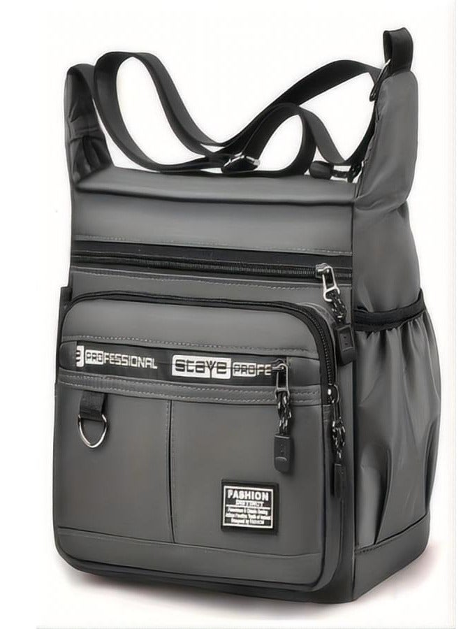 Men's large capacity nylon shoulder bag - waterproof and durable, with multiple pockets suitable for business and leisure use, adjustable shoulder straps, zipper closure - gray  - Image 1