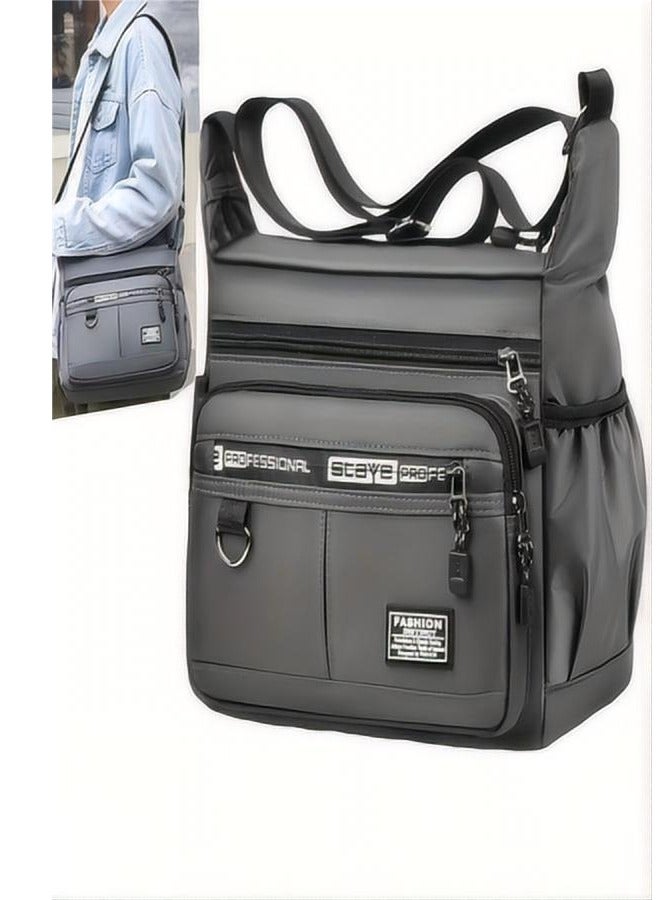 Men's large capacity nylon shoulder bag - waterproof and durable, with multiple pockets suitable for business and leisure use, adjustable shoulder straps, zipper closure - gray  - Image 3