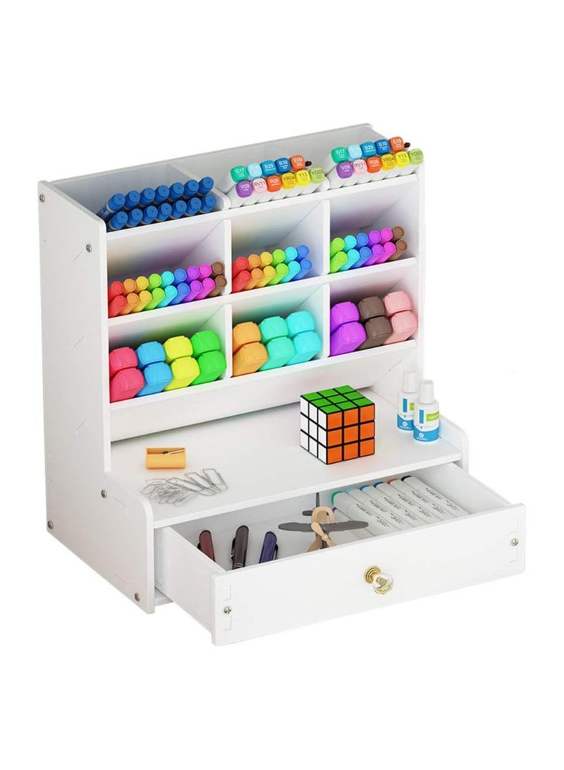 TPGP Desk Organizer with Drawer, White Large Capacity DIY Pen Holder Box, Desktop Stationary Storage Rack for Office, School and Home - Image 1
