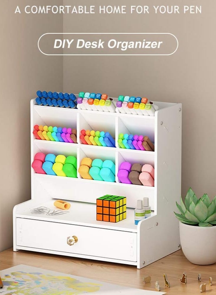 TPGP Desk Organizer with Drawer, White Large Capacity DIY Pen Holder Box, Desktop Stationary Storage Rack for Office, School and Home - Image 5