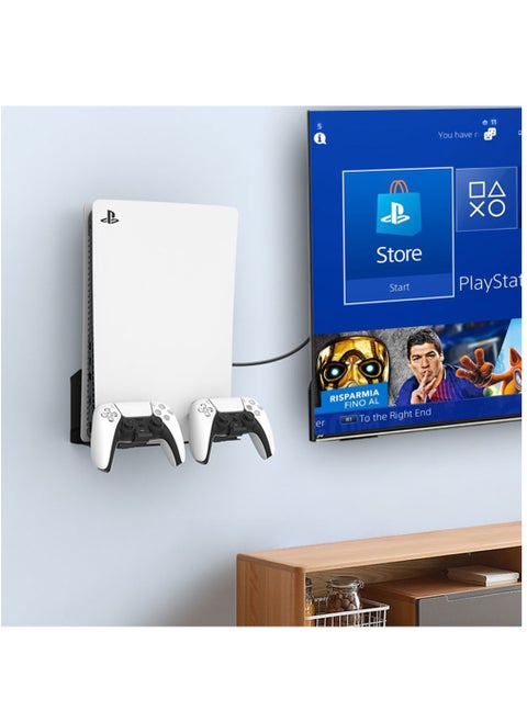 PS5 Wall Mount, PS5 Bracket Kit, with 2 Detachable Controller Holders, Heavy-Duty Aluminum Alloy Mounting, Bracket for Playstation 5 Disc and Digital Edition, Space-Saving Design, Black