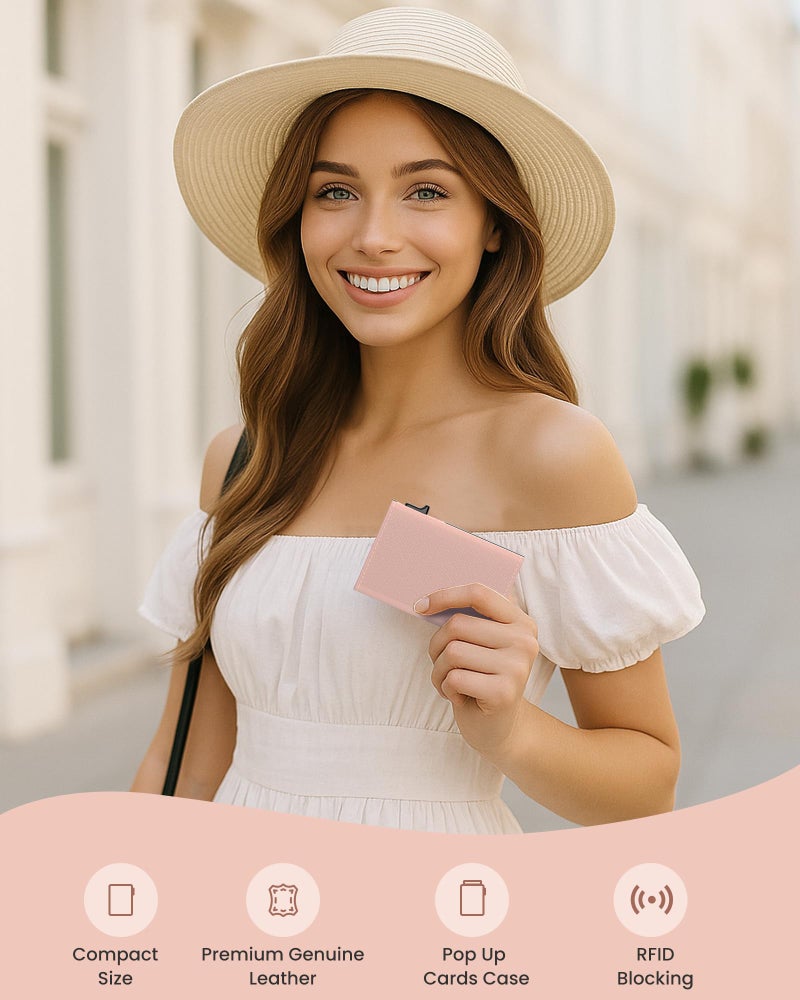 typecase Womens Wallet Card Holder: Pop Up Card Case, Genuine Leather, RFID Blocking, Slim, Minimalist, Thin, Small Size - 9-14 Card Capacity, ID Window, Cash Pocket (Blush Pink) - Image 2